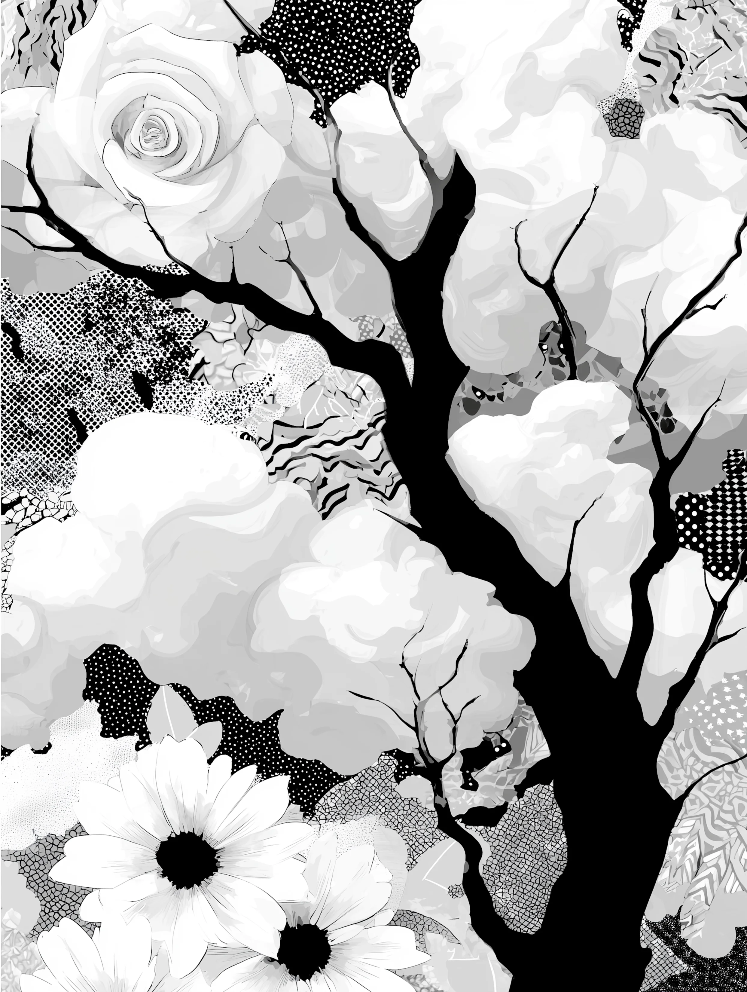 Free printable dead tree coloring page for adults featuring clouds around dead tree
